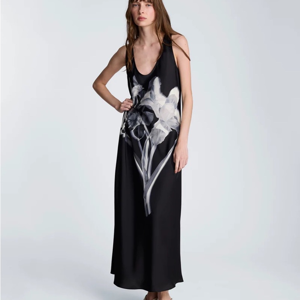 KENNETH COLE LONG SLIP DRESS Black Floral Maxi Dress with White Botanical Print